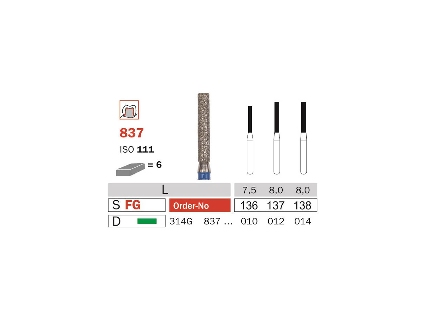 فرز الماسی استوانه ای ته صاف توربین 6 عددی کد 835 دیا سوئیس