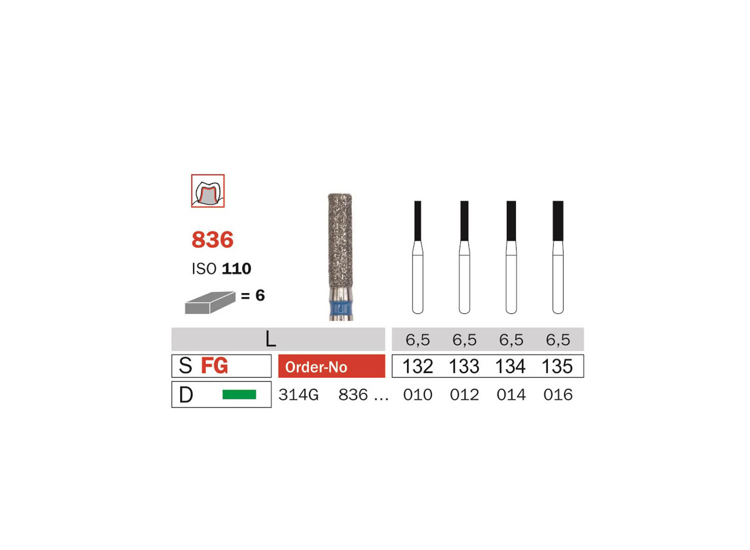 فرز الماسی استوانه ای ته صاف توربین 6 عددی کد 835 دیا سوئیس