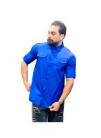 اسکراب دندانپزشکی مردانه یقه دار رنگ آبی کاربنی کد 1080 برند شکوه دندان